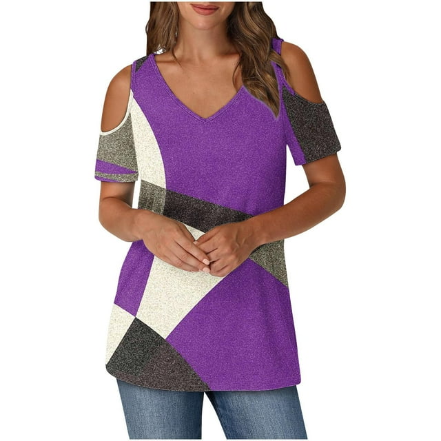 yoeyez Plus Size Short Sleeve Blouse Cold Shoulder V Neck Tunic Shirts Causal Color Block Tops Shirts Relaxed Fitted Comfy Pullover Blouse Limited Time Deals Purple S
