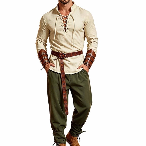 LEKWK Renaissance Costume Men Medieval Costume Lace-Up V-Neck Pirate Shirt Pants with Vintage Belt and Arm Guards for Halloween Cosplay