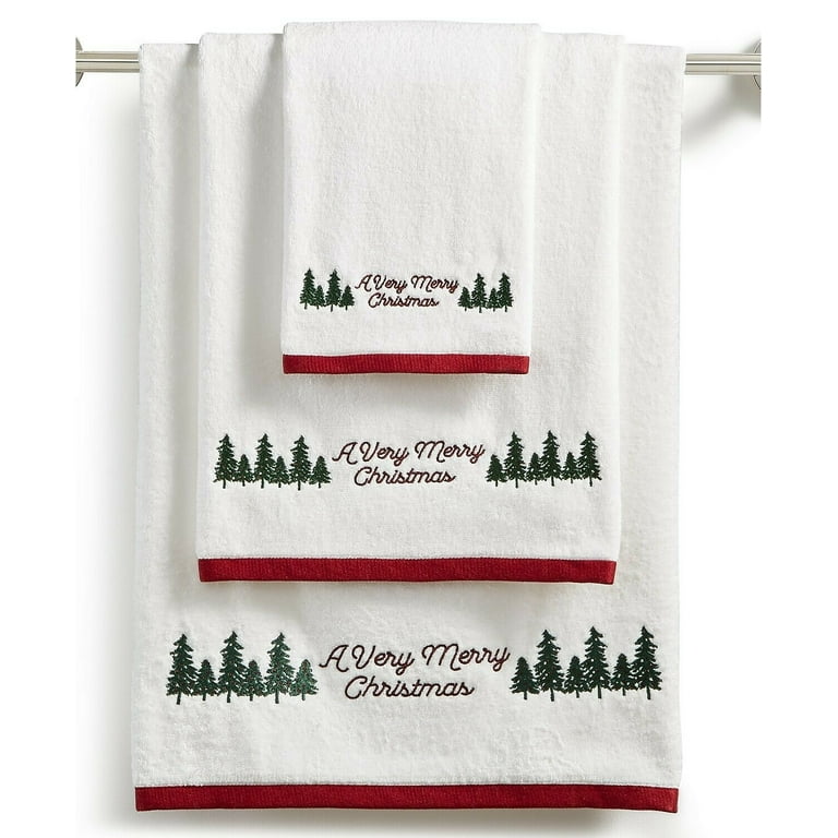 Martha Stewart Collection Very Merry Embroidered Cotton Christmas Bath Towel  