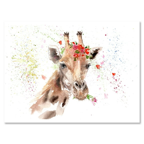 Designart ' Portrait of A Giraffe With Red Flowers II ' Farmhouse Canvas Wall Art Print