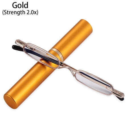Mini Eyeglasses Spring Hinged Men Women Slim Reading Glasses Slim Pen Reading Glasses Readers with Pen Clip Tube Case GOLD STRENGTH 2.0X
