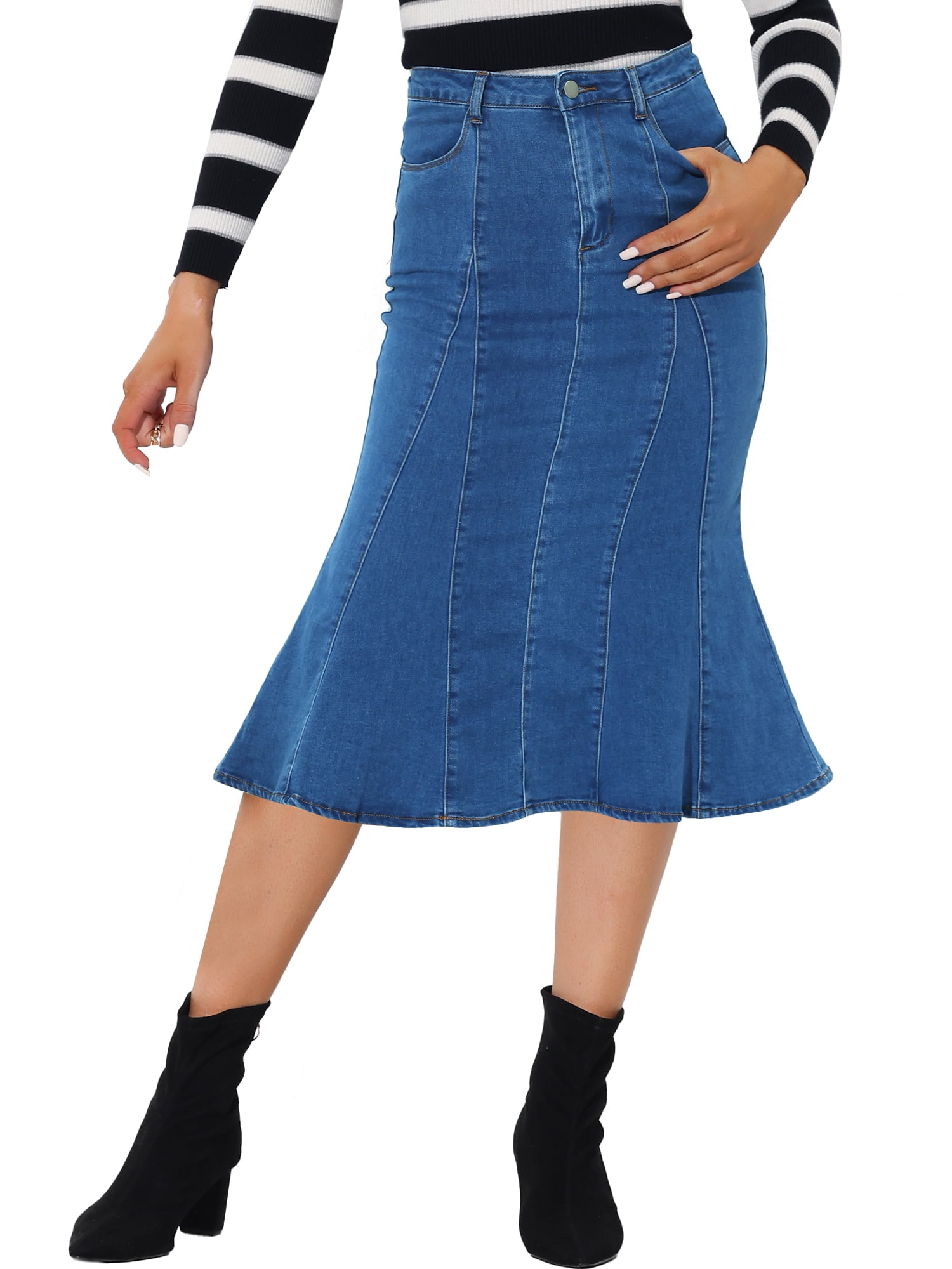 Allegra K Women's Zip High Waist Ruffled Fishtail Hem Bodycon Midi Denim  Skirt - Walmart.com