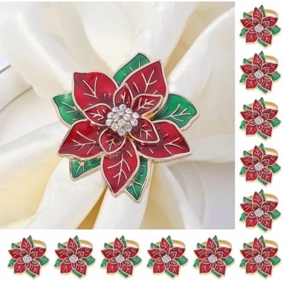 Christmas Napkin Rings Set of 12,Poinsettia Flower Napkin Rings Christmas Holders Metal Napkin Buckle for Wedding Party Birthday Table Decoration Dinning$$Home Decor, Kitchen, & Other