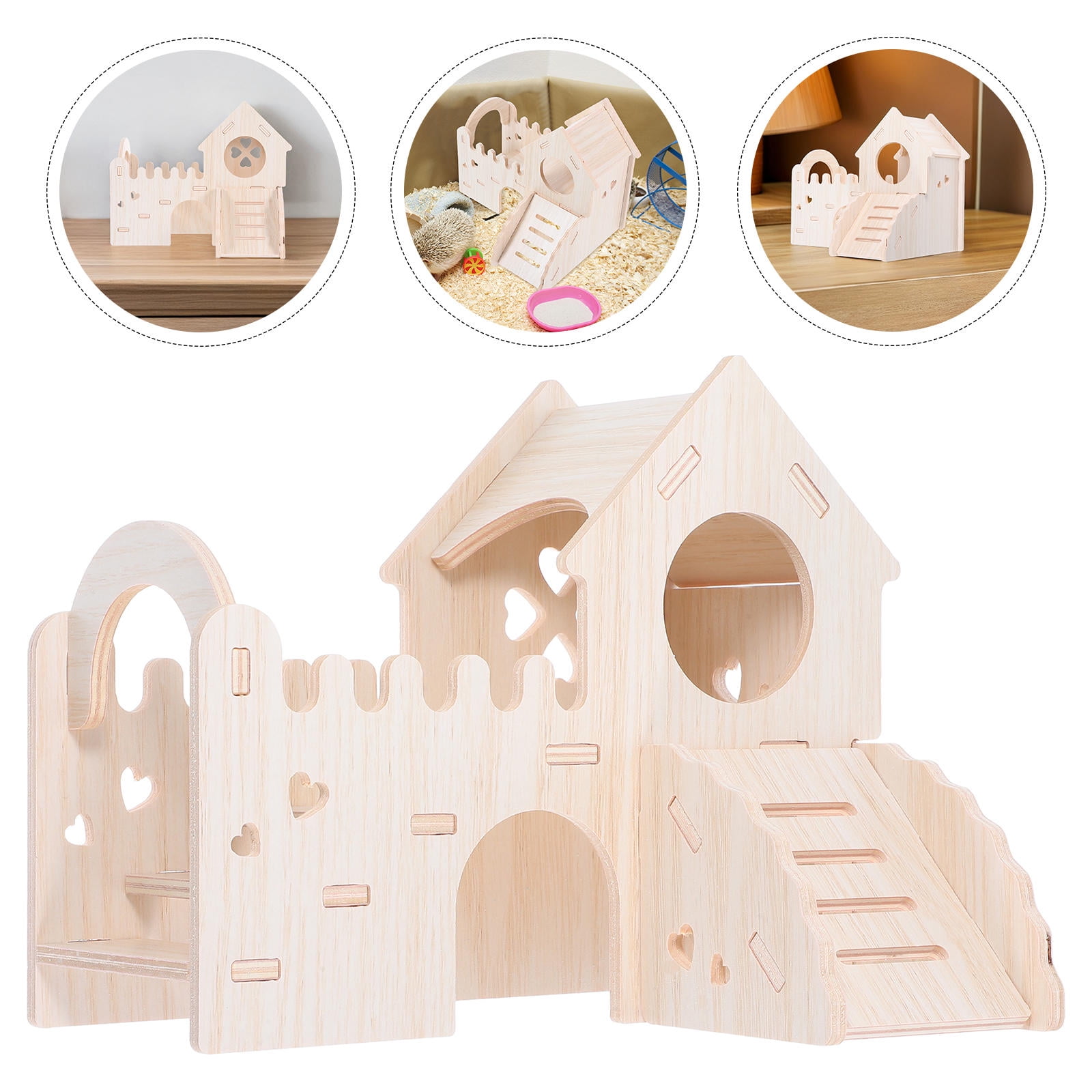 Alasum Khaki Wood Gerbil House with Window Small Animals Hideout and Climbing Slide
