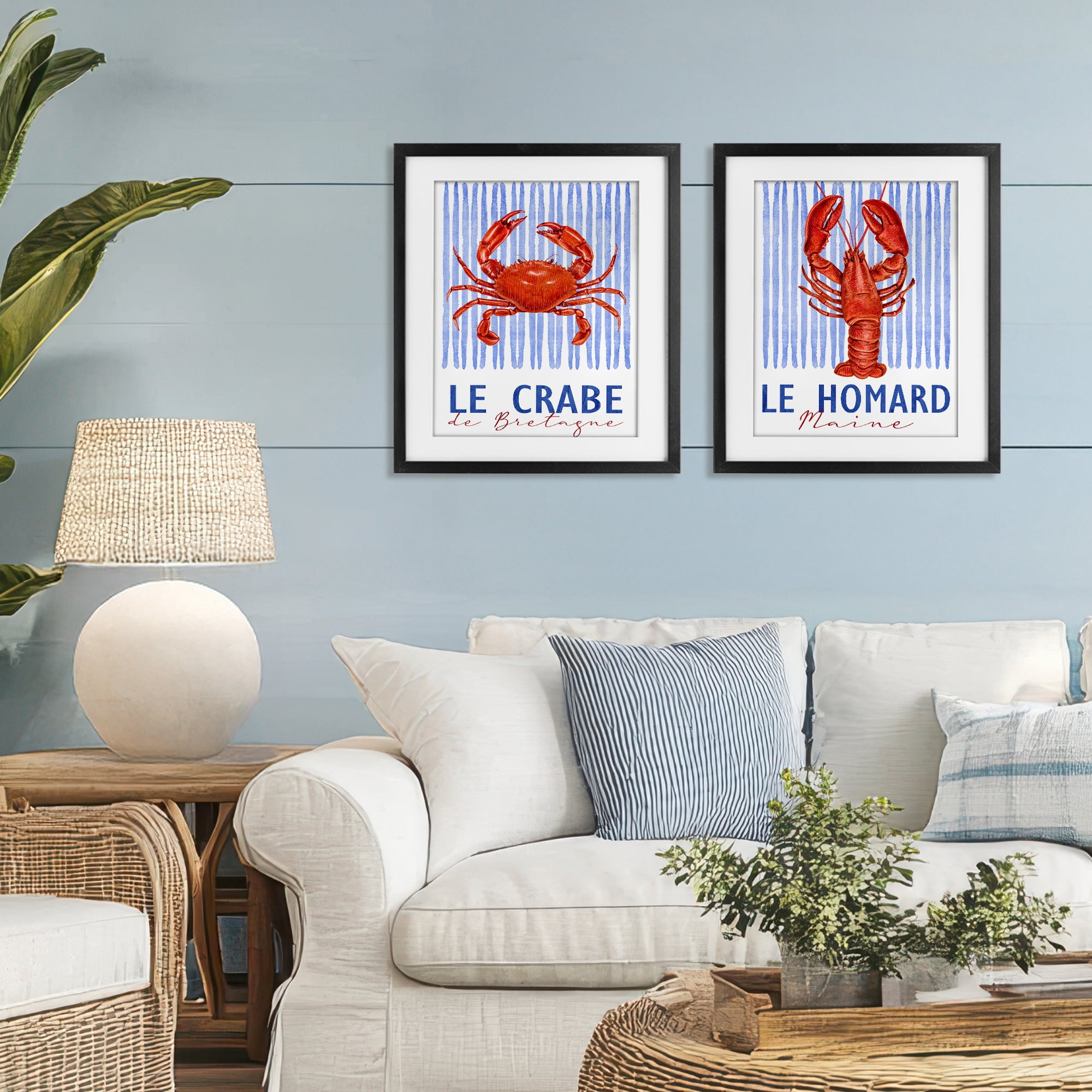 Stupell Industries Nautical Stripes Sea Creatures 2 Piece Black Framed Print Under Glass Set, design by Kim Allen