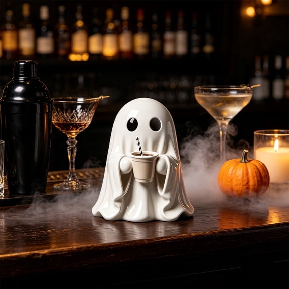Halloween Ghost Figurine Holding Coffee Cup, Cute Spooky Tabletop Resin-Style Ornament for Shelf Mantel Desk Tiered Tray & Coffee Bar Decor, Seasonal Home Accent for Fall Party Displays