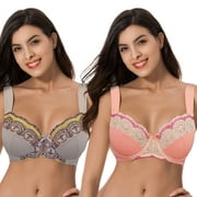 Curve Muse Plus Size Minimizer Underwire Bra With Lace Embroidery-2 Pack-BROWN,PEACH AMBER-38D