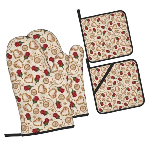 Naloa Valentine'S Day Rose Oven Mitts and Pot Holders 4 pcs Set, Cooking Baking Grilling Kitchen Oven Glove for Cooking