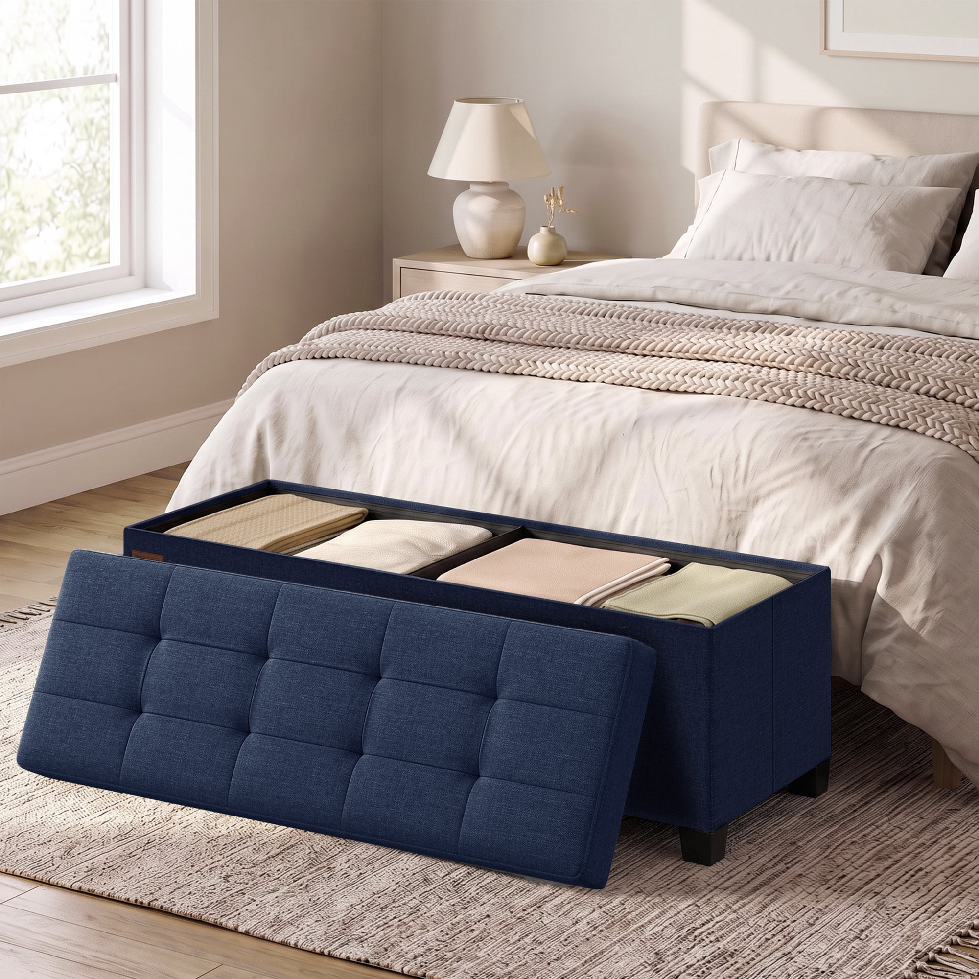 Ledrem Midnight Blue Linenette Fabric Folding Storage Ottoman Bench with Footrest, Large