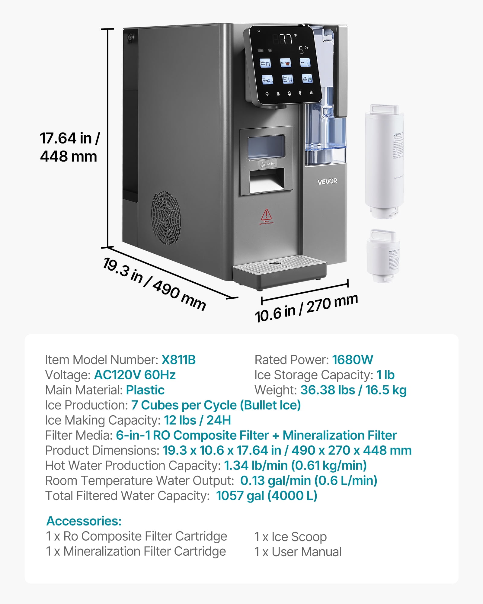 VEVOR Ice Maker Water Filter Dispenser, 4-in-1 Countertop Ice Making Machine with Room Temperature, Hot & Cold Water, 6-Stage RO Filter + Mineralization Filter, Multi-Functional for Home Office Party