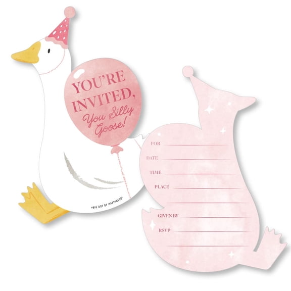 Big Dot of Happiness One Silly Goose Pink Invitations with Envelopes, You're Invited Girl 1st Birthday Party Fill-In Invitation Flat Cards - Set of 12