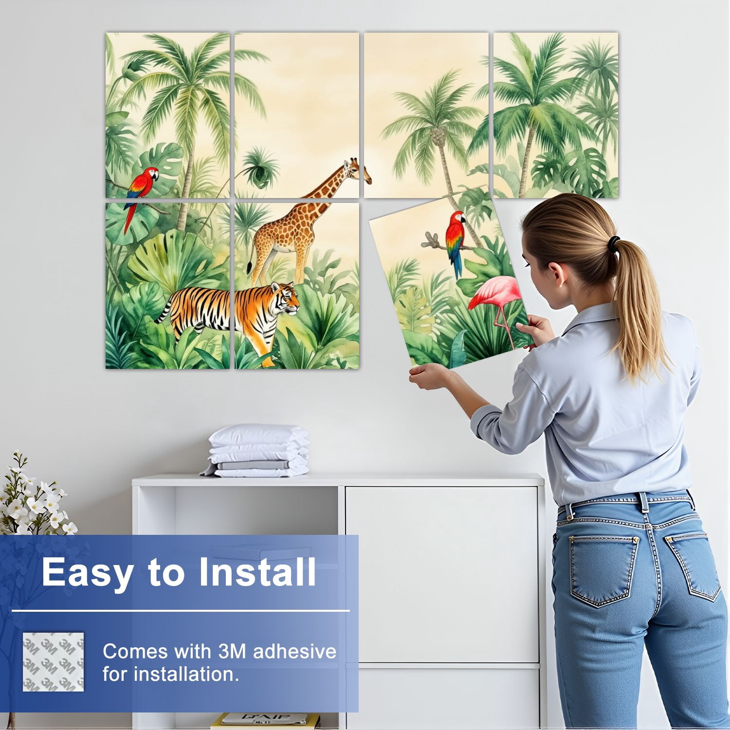 8 Pack Art Acoustic Panels Sound Absorbing Tropical Jungle Giraffes Tigers Parrots Greenery Decorative Soundproof Wall Panels Self Adhesive for Nursery Game Room Bedroom 48"x32"