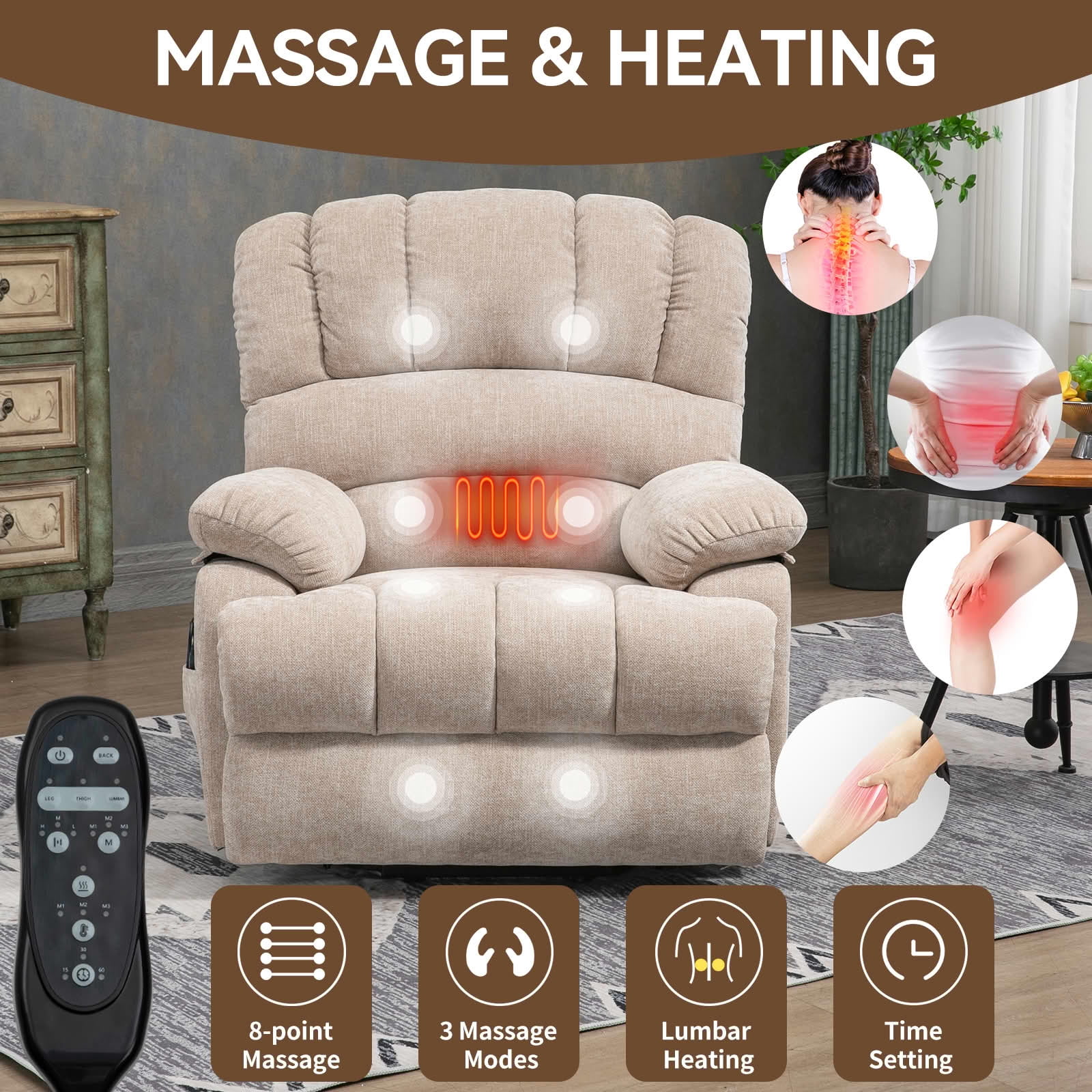 MAYEERTY Beige Chenille Power Lift Recliner, 350lbs 23" Seat 8-Point Massage Heat 39"x41"x42" for Elderly
