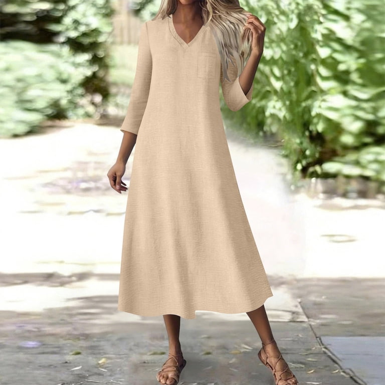 chinese dress ladies Zhyaj Womens Linen Loose V Neck Button Down Tank Dress Summer Sleeveless  Flowy Beach Solid Color Cotton Maxi Dress with Pockets, Apricot, S at  Amazon Women's Clothing store main image 1