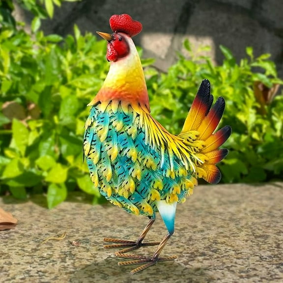 Rooster Statue for Home Garden Yard Decor, Outdoor Chicken Statues with Stand and Feeding Cage, Animal Figurines