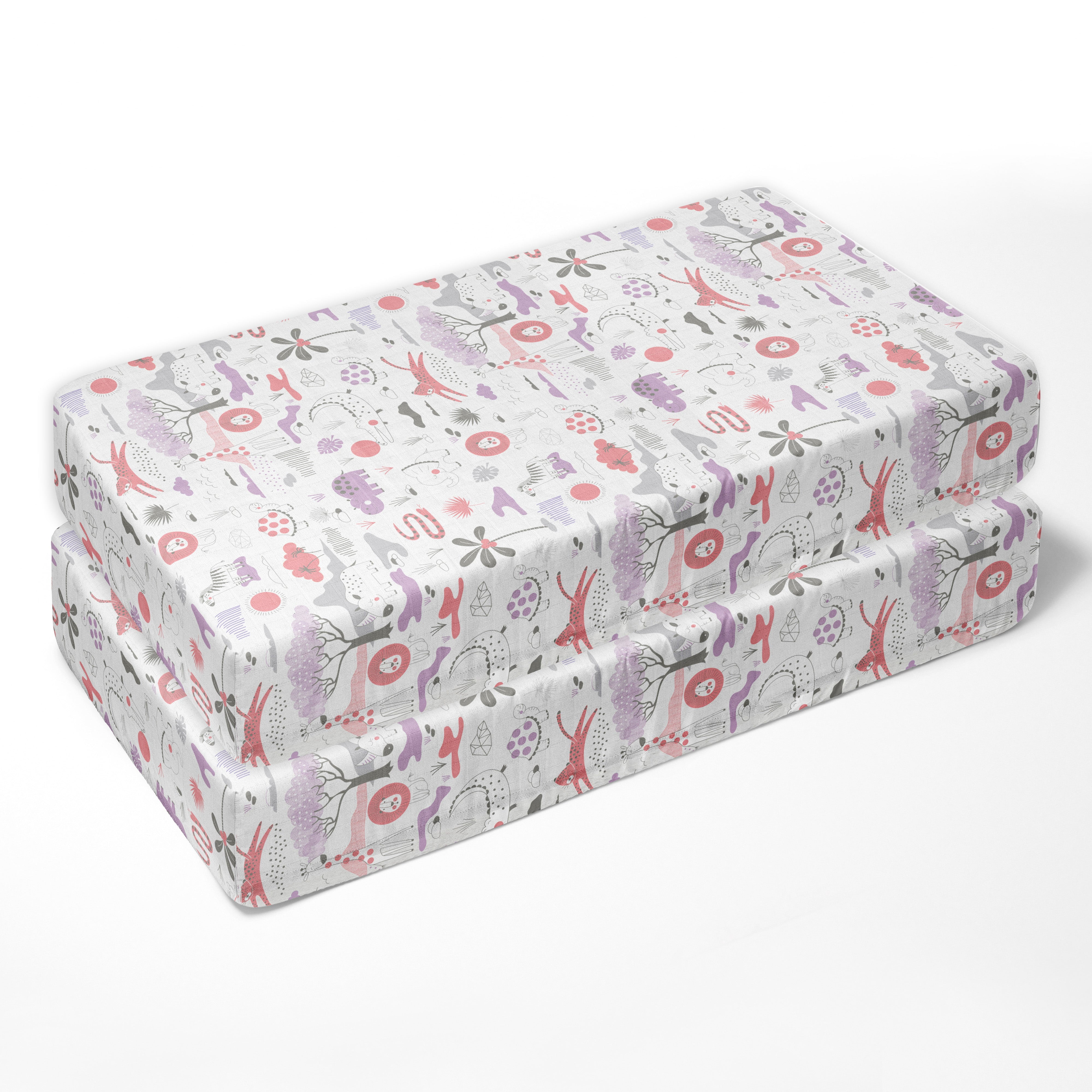 Bacati - Girls Jungle Safari Serengeti Lilac Coral Gray Muslin Crib or Toddler Bed Fitted Sheet