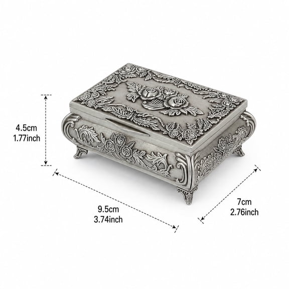 Vintage Floral Metal Jewelry Box-Silvery Antique Trinket Box with Ring Rolls & Compartments, Small Jewelry Box for Rings Earrings Necklaces, Decorative Box for Home Decor & Women’s Keepsake Gift