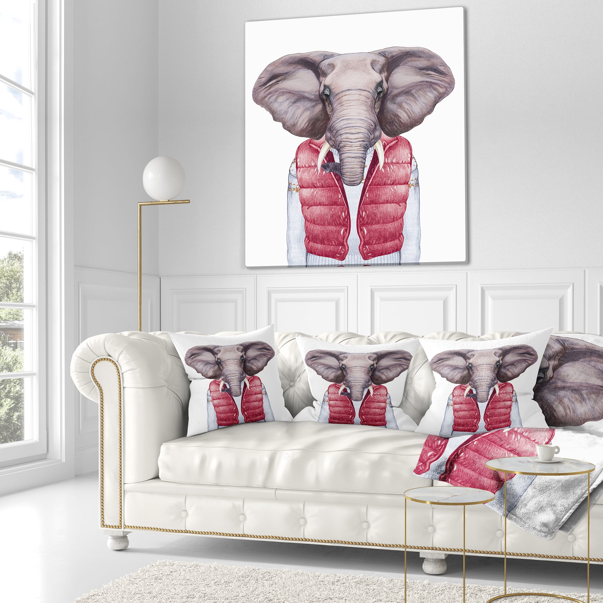 Designart Elephant in Vest and Sweater - Contemporary Animal Throw Pillow - 16x16