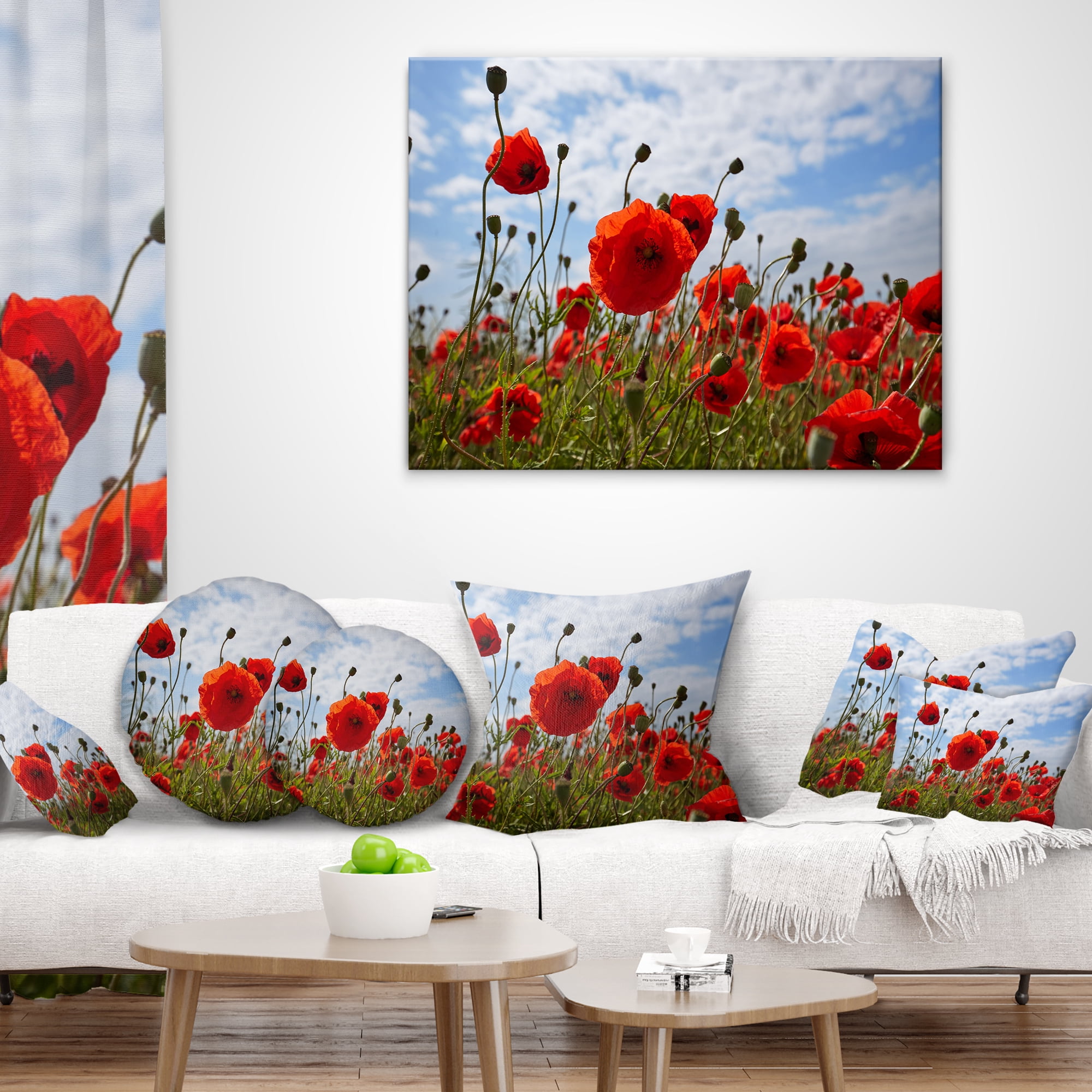 Designart Bright Red Poppy Flowers Photo - Flower Throw Pillow - 12x20