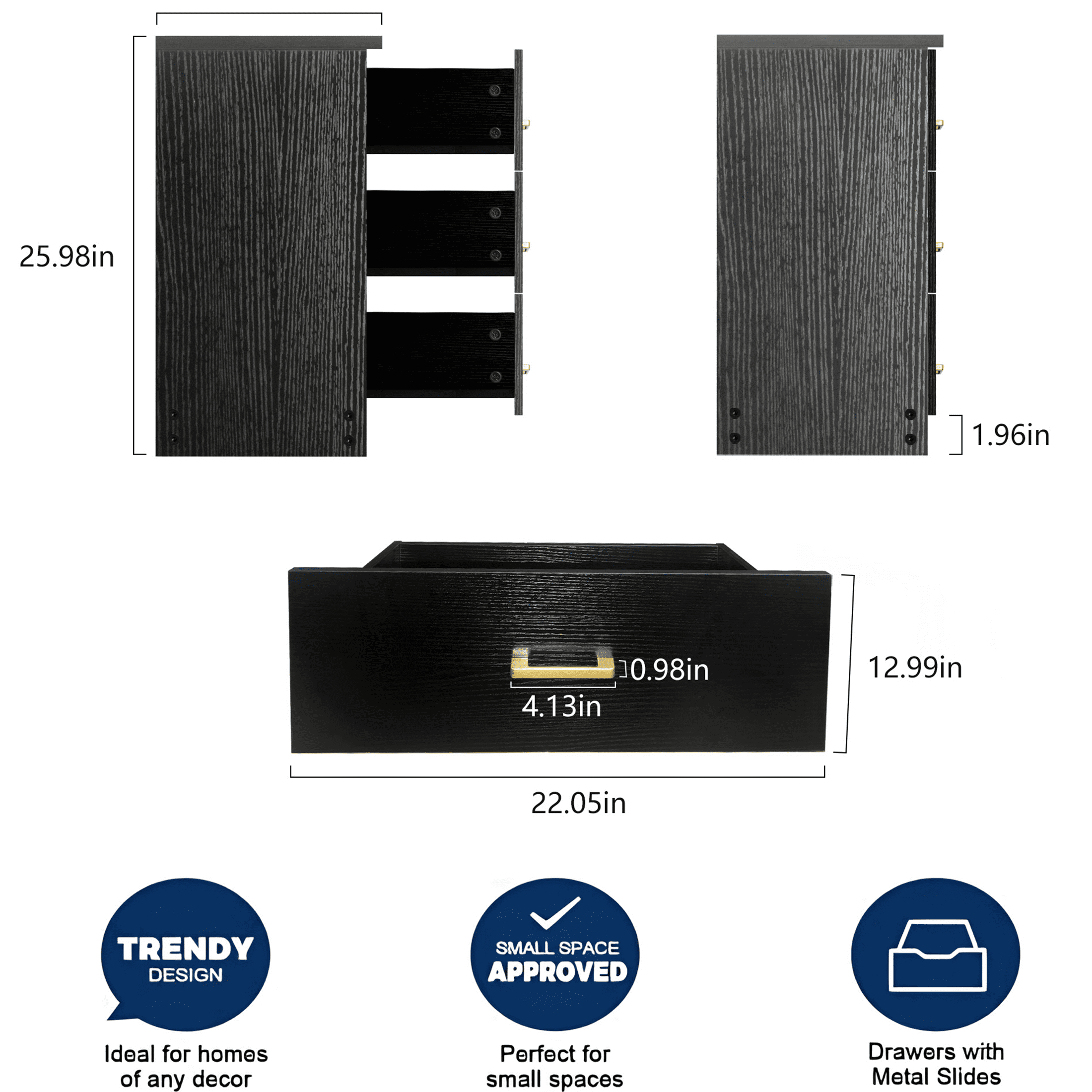 UHOMEPRO Nightstand, Modern 3 Drawer Nightstand, Black Nightstand with Gold Handle, Wooden Side Table Storage Cabinet Unit for Bedroom/Living Room/Small Space