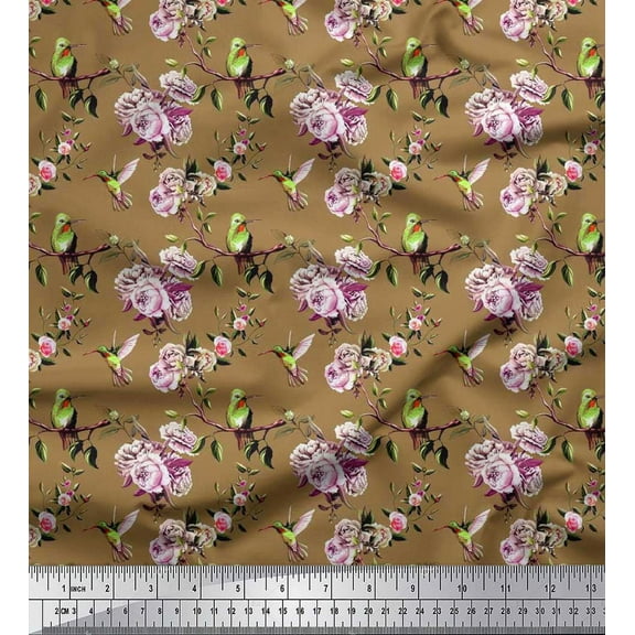 Soimoi Cotton Duck Fabric Hummingbird,Leaves & Rose Floral Print Fabric by the Yard 42 Inch Wide