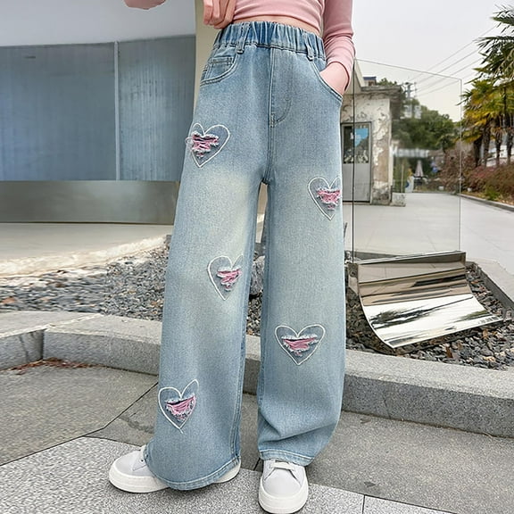 Girls Personality Fashion Pants Denim Elastic Wasit Wide-Leg Palazzo Denim Pants for Teens Summer Clothes for Girls 5-6 Years Girls Fashion