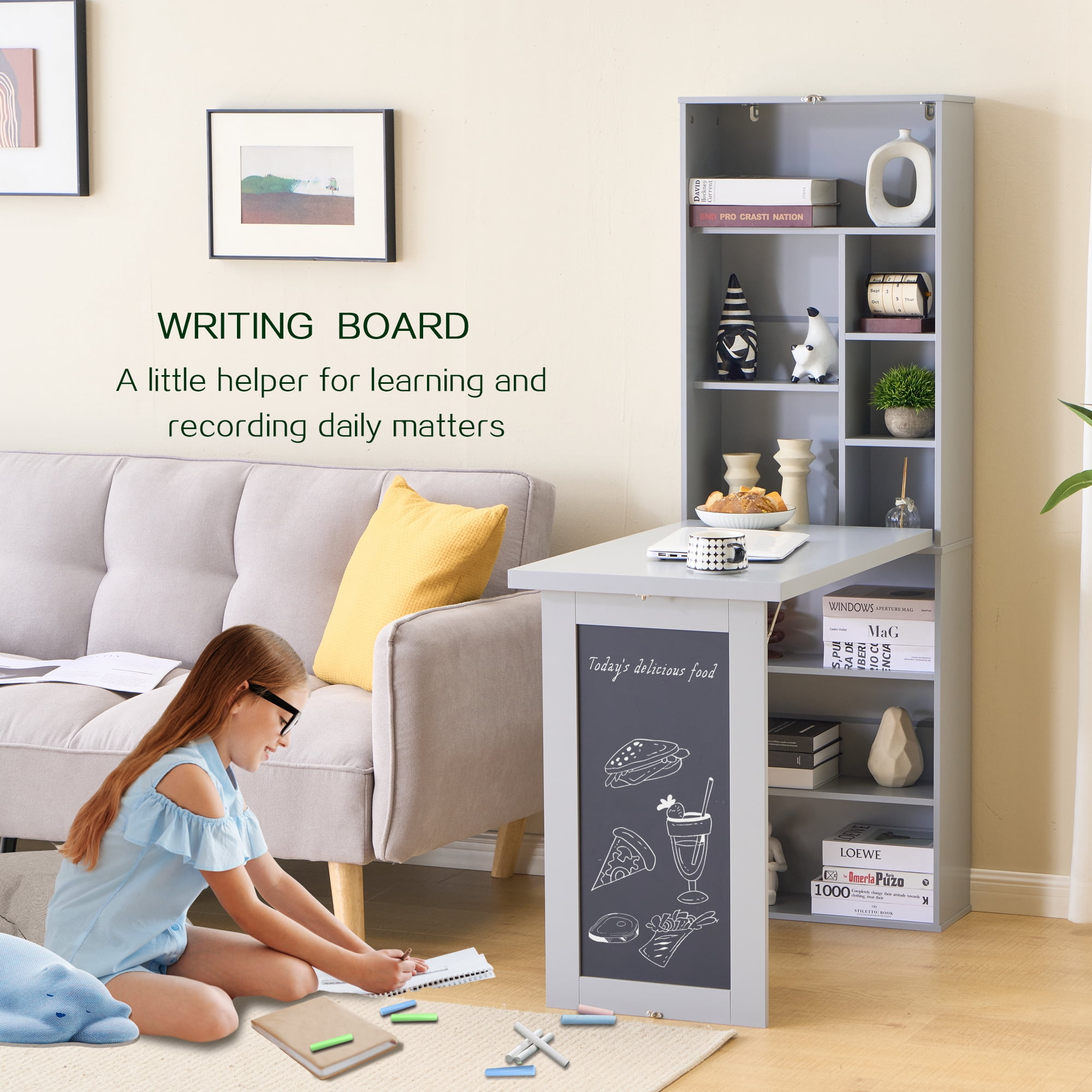 HOQBN Fold-out Convertible Writing Table,Wall Mount Desk Cabinet with Blackboard and Side Storage Shelf,Multi-Function Home Office Workstation Murphy Desk for Home Office,Space-Saving,Gray