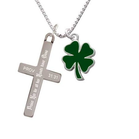 - Two Sided Green Enamel Lucky Four Leaf Clover - Praise Her - Cross Necklace