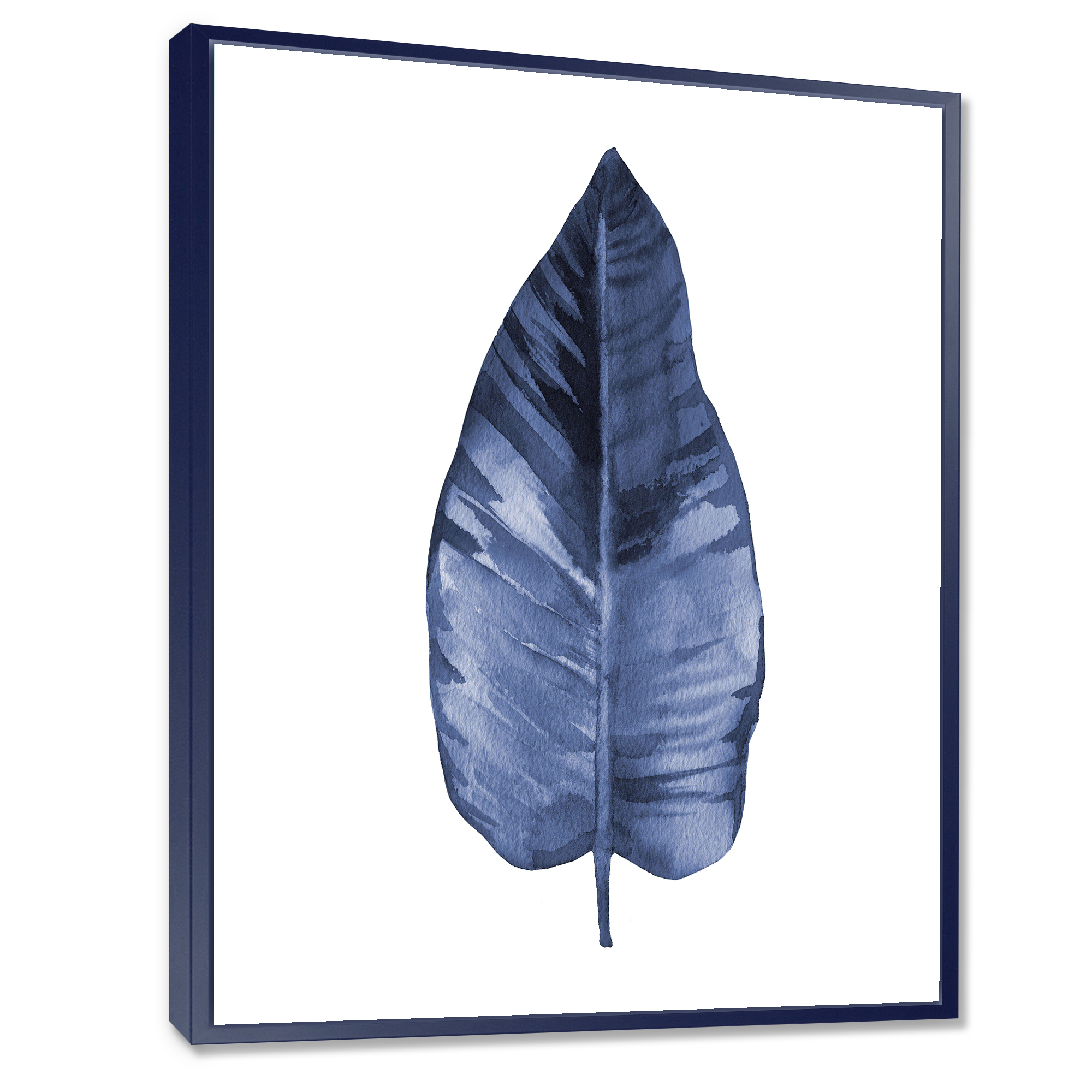 Designart 'Blue Leaf Watercolour On White Background' Traditional Framed Canvas Wall Art Print