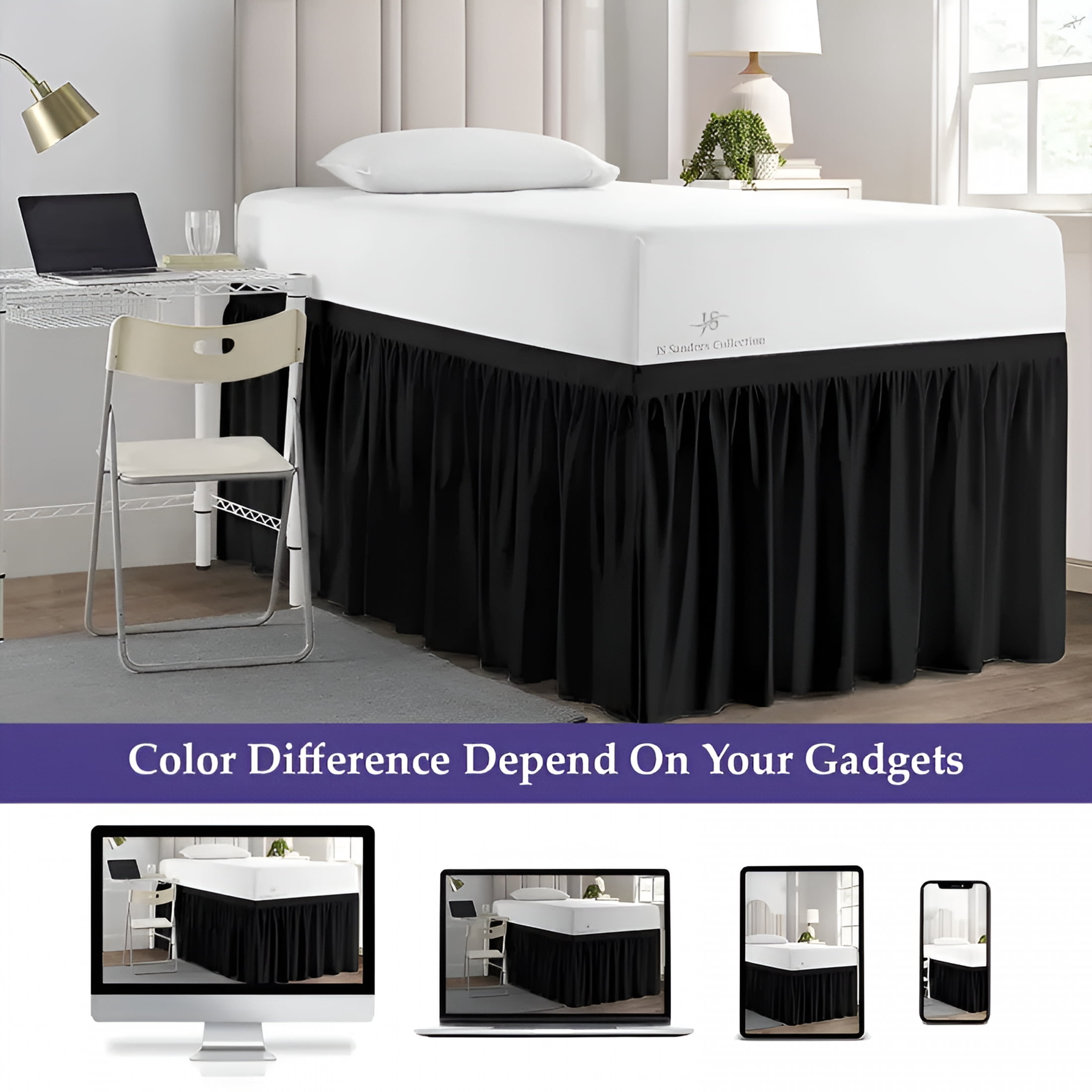 AUQ Dorm Bed Skirt Twin XL Size 32" Drop Black Solid Bed Skirt Stylish Ruffled Pattern Split Corner Easy Fit Easy Care Fade&Wrinkle Resistant-Polycotton Made