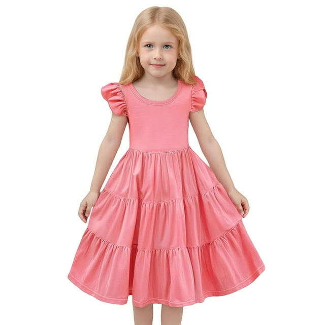 Robe d'Été Fille Enfant Robe Évasée à Volants Manches à Volants Robe Rouge pour Filles Robes de Fête pour Filles