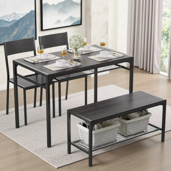 Kitchen Table Set for 4, Lofka Dining Table Set with MDF Bench, Chair and Storage Rack for Small Spaces|Studio|Kitchen, Black