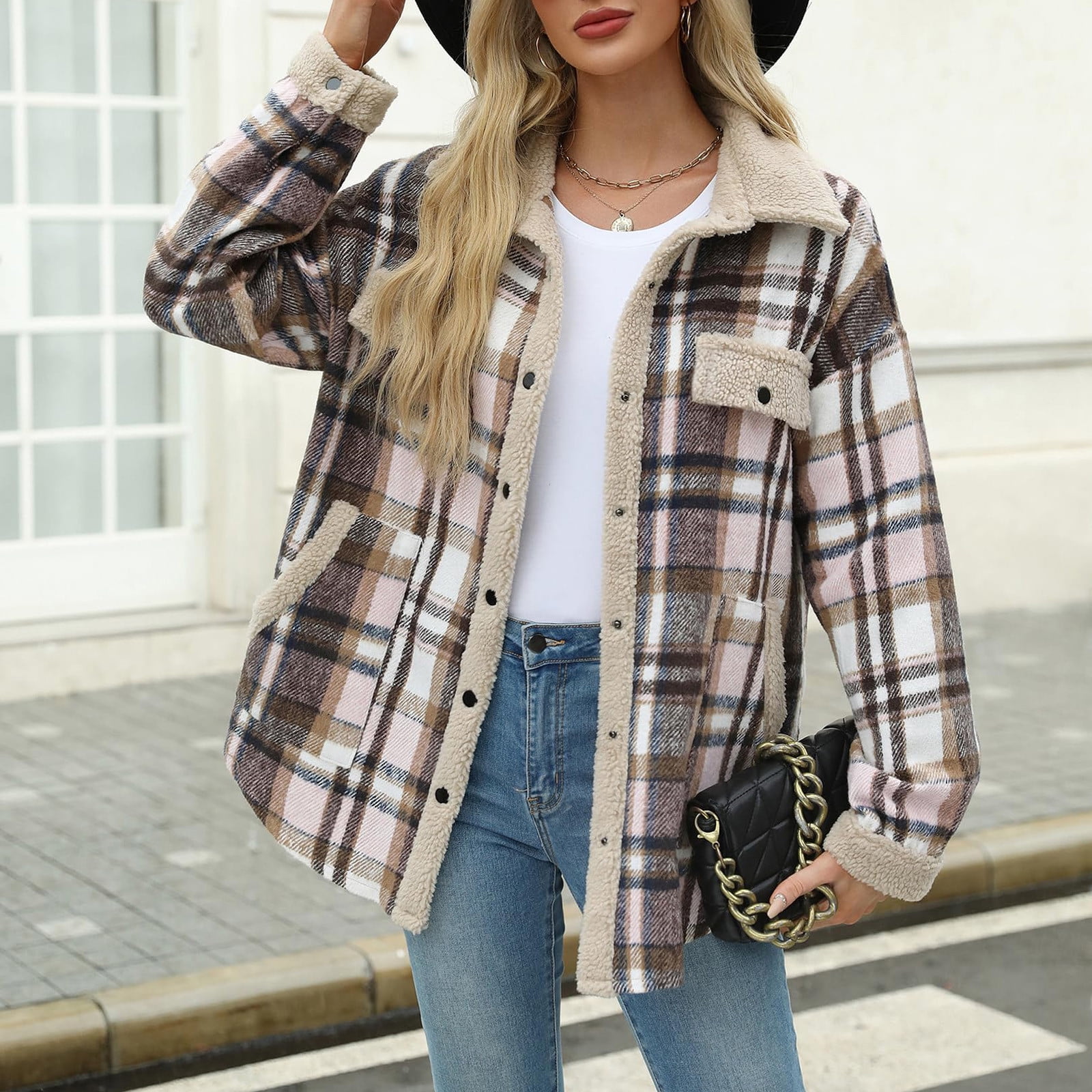 YFNNUP Womens Flannel Plaid Jacket Coat Casual Button Down Long Sleeve Jacket Outwear 2024 Fall Fashion Shacket Jacket Cozy Lapel Blouse Tops