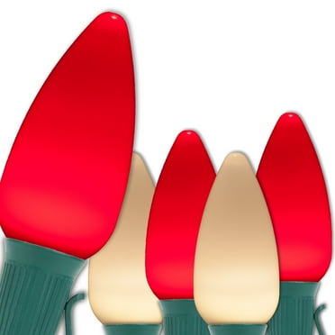 Opticore LED C9 Smooth Ceramic-Style Red and Warm White Christmas Lights with Shatterproof Christmas Bulbs, 50 Lights, 50’
