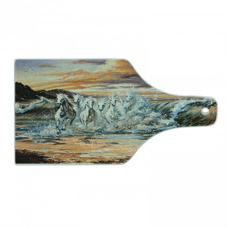 

Horses Cutting Board Group of Pacing Horses in Water with Environment Life Force Retro Paint Decorative Tempered Glass Cutting and Serving Board Wine Bottle Shape Multicolor by Ambesonne