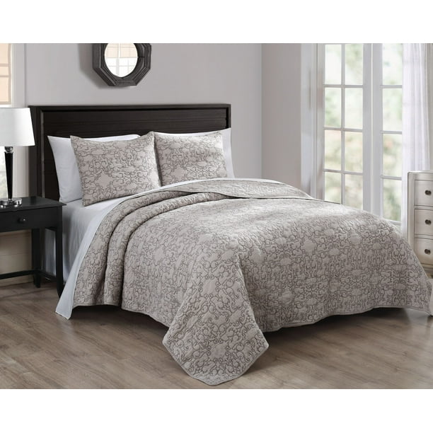 Gieselle Taupe Cotton Embroidered Quilt Set Queen