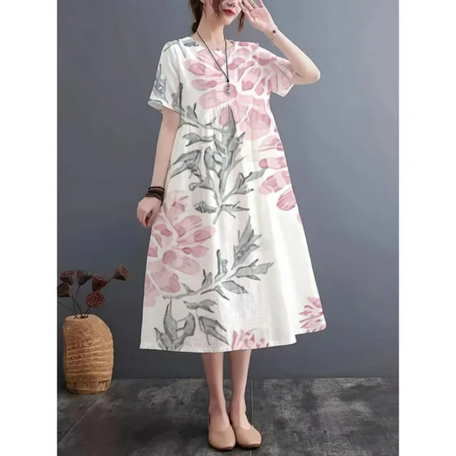 JUNWELL Robe d'Été à Motif Traditionnel, Col Rond, Manches Courtes, Imitation Lin, Légère et Respirante, Confortable