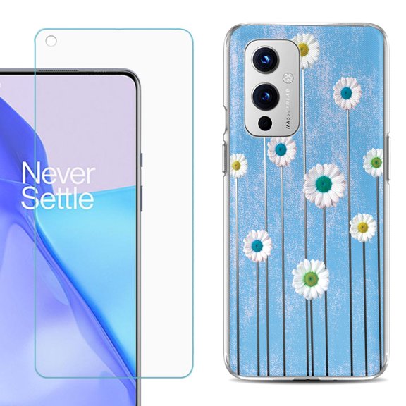 Slim-Fit TPU Phone Case Compatible with OnePlus 9 5G, with Tempered Glass Screen Protector, by OneToughShield ® - Daisy Sky