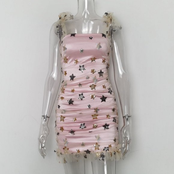 Robe de Fête Célébrité Étoile Douce à Sequins Robe Froncée Chic Épaule Nouée Tenues de Mariage Élégantes Vestidos - Rose / TG