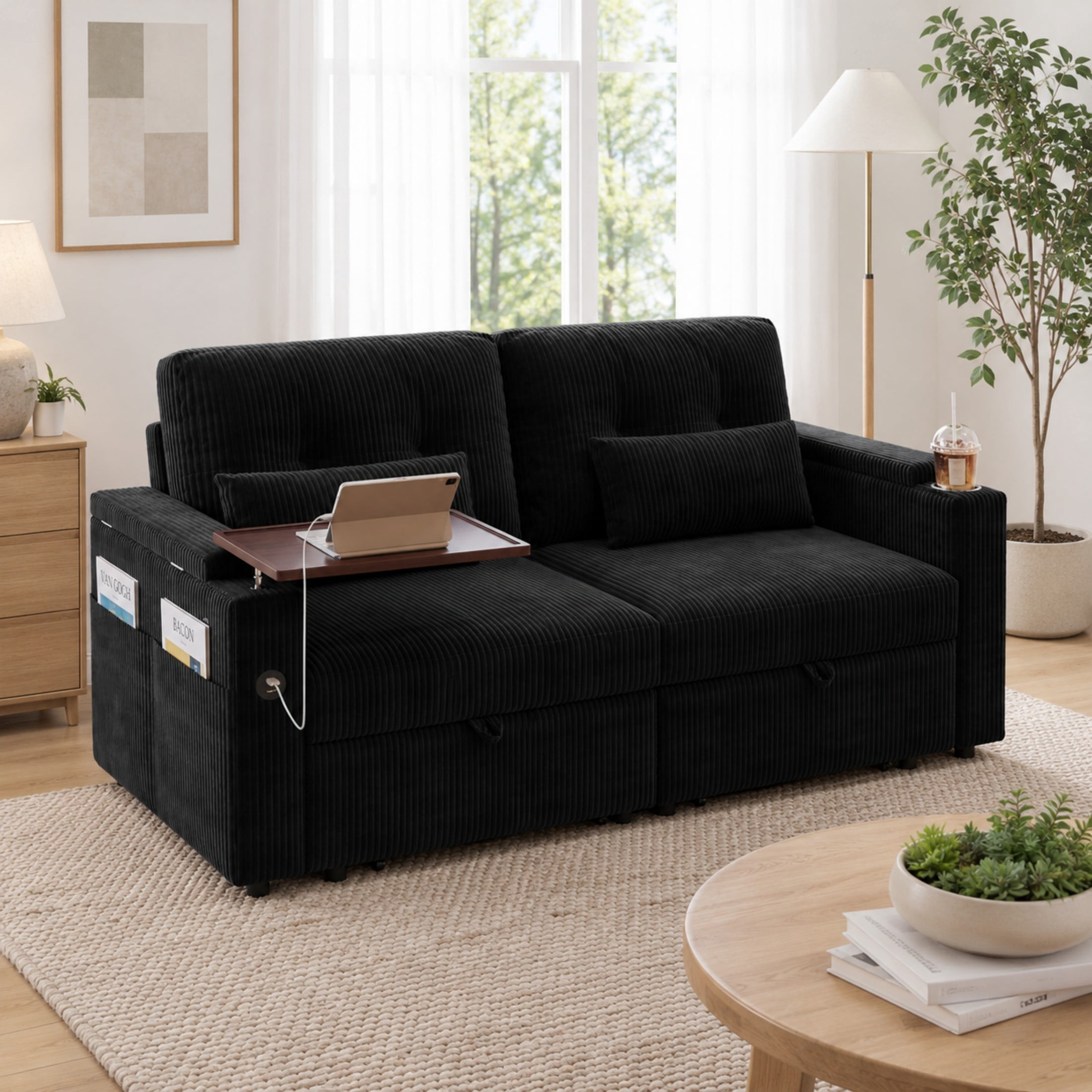 Aenkyo 73" Pull Out Sofa Bed, 3-in-1 Queen Sleeper Sofa with USB, Cup Holders and Storage, Black