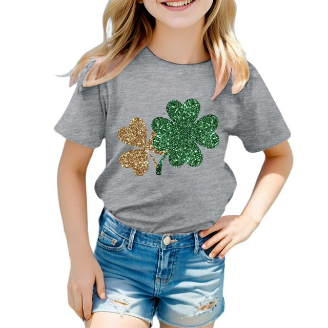 PMVFHDE T-Shirt à Manches Courtes à Col Rond avec Imprimé Graphique de la Saint-Patrick pour Enfants, Haut Décontracté Festif pour Filles Z25024c-Grey, 4-5 Ans