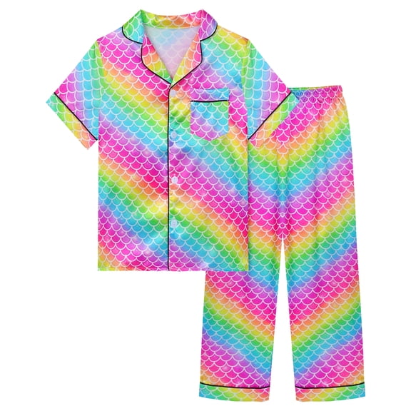 Girls Pajamas Silk PJS Set Rainbow Unicorn Sleepwear Short Sleeve Long Pants Jammies for Toddler Kids