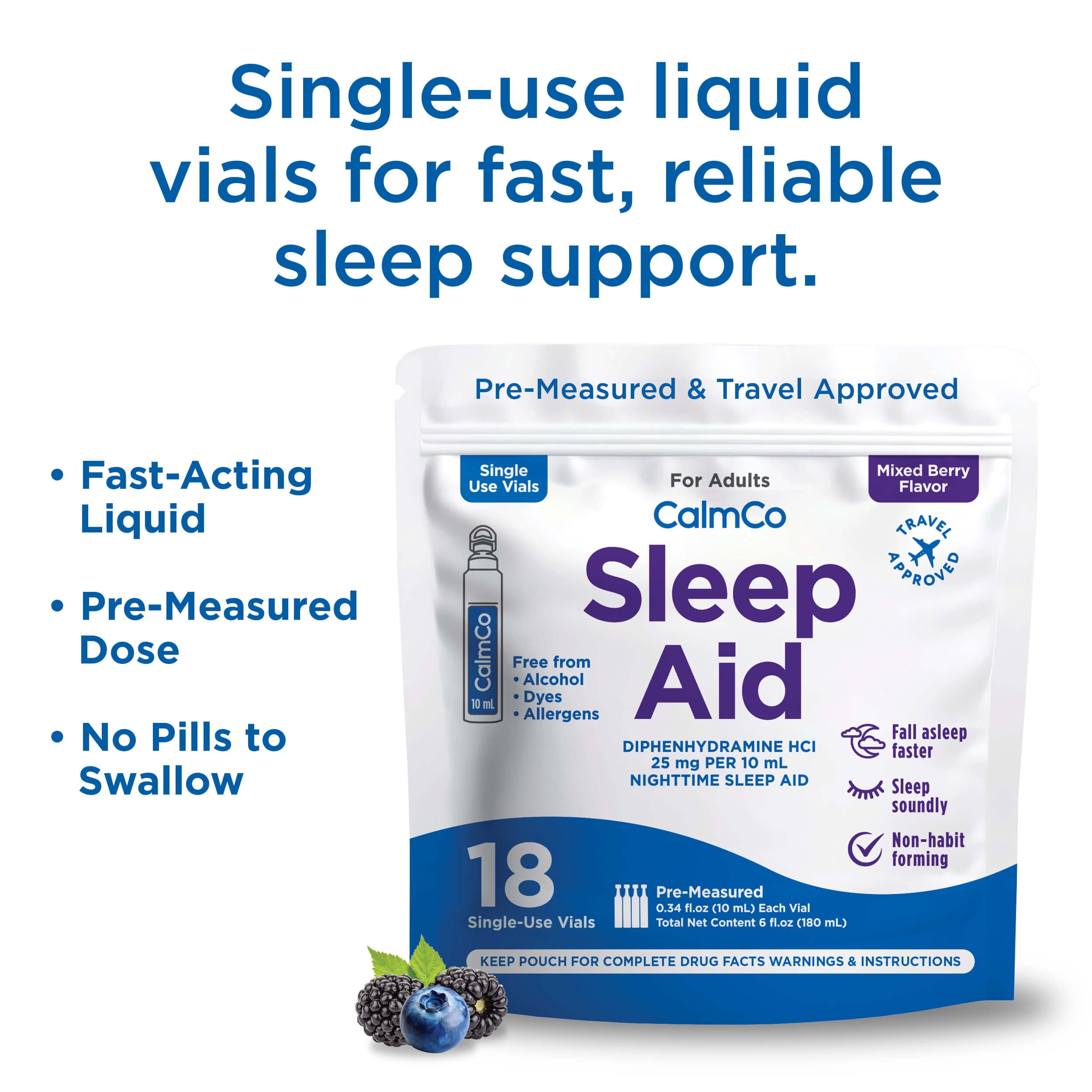 CalmCo Sleep Aid, Diphenhydramine 25mg, Mixed Berry Flavor, 18 vials.