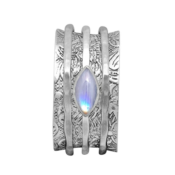 Mooneye 6X3mm Marquise Rainbow 925 Sterling Silver Meditation Anxiety Men Women Spinner Ring