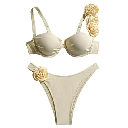 JIANJIA Womens Swimsuits Solid Color Sexy Flower Underwire Gathered Spaghetti Strap Brassiere With Thongs Swimsuit Two Piece Bikinis Swimwears Bathing Suits Beige S