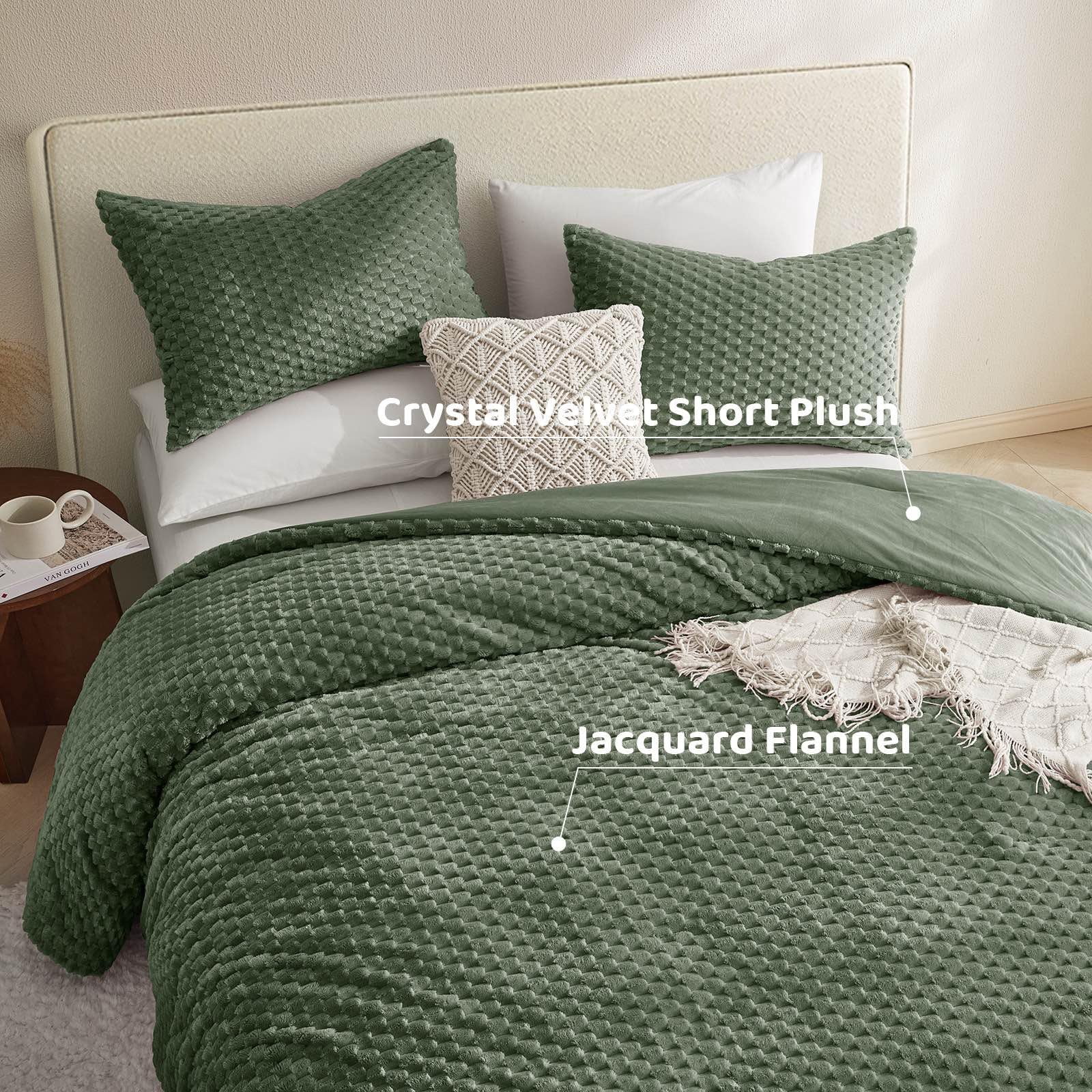 Petrichor Cozy Flannel Comforter Set, Warm and Soft Twin Size Quilt for Winter, 3 Piece Bedding Set with 2 Pillowcases, Green