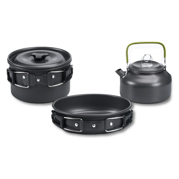 Utensilios de cocina al aire libre Camping Cocinar Pot Kit de utensilios de cocina Kit Portátil plegable Mango aislado Pan Mochilero Hervidor de agua Negro 3 piezas sidaley OD003503-02B
