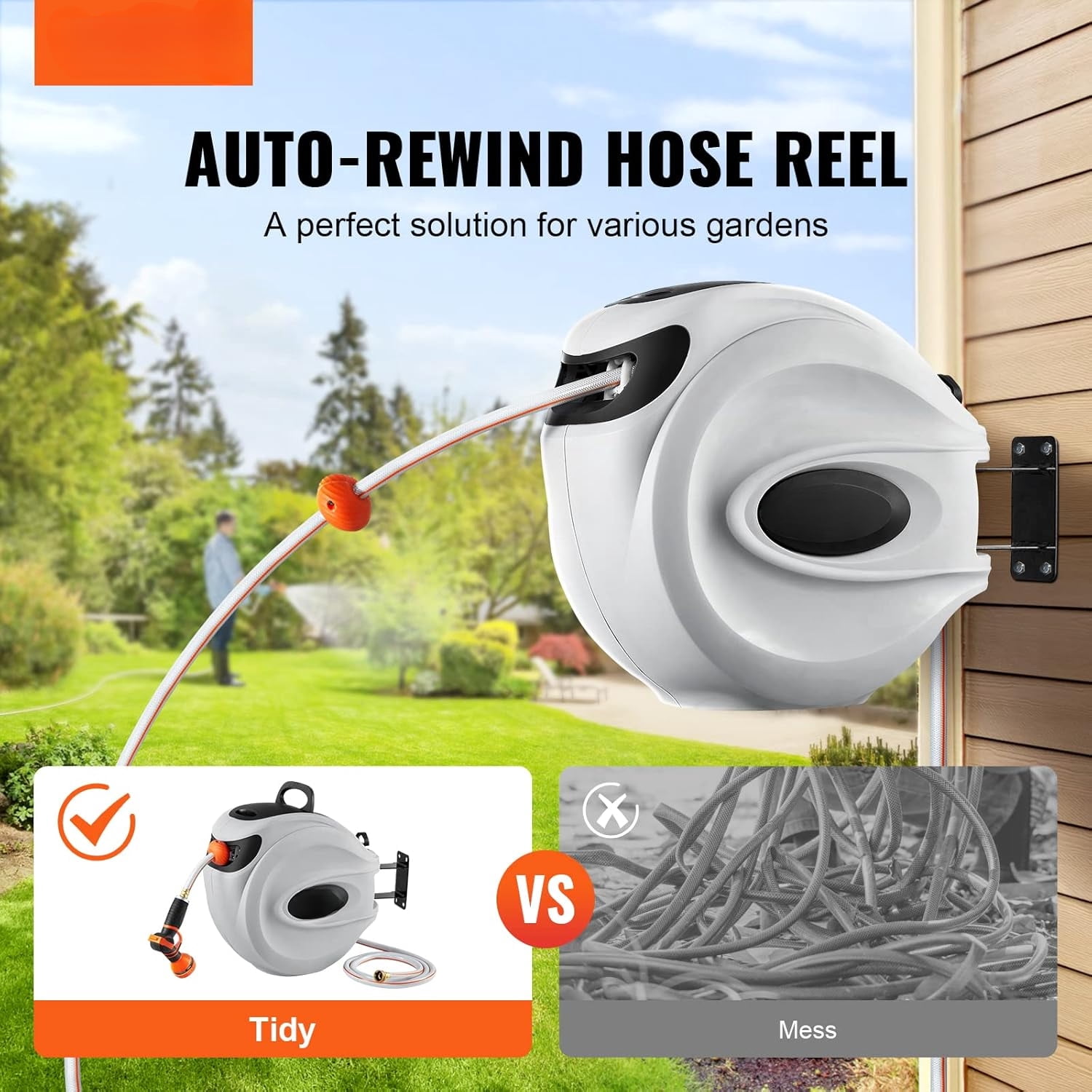 Retractable Hose Reel, 115 ft x 1/2 inch, Garden Water Hose Reel with 9-Pattern Nozzle, 180 °   Swivel Bracket Wall-Mounted, Automatic Rewind, Lock at Any Length, with Slow Return System