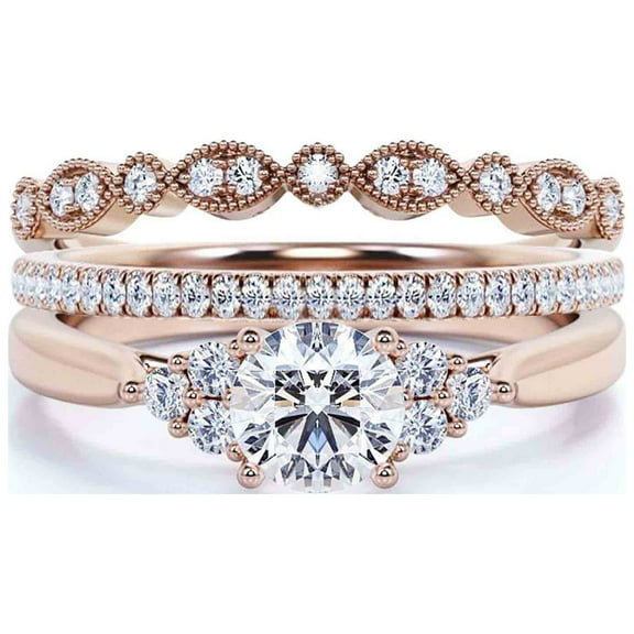 Dazzling Minimalist 2.25 Carat Round Cut, Affordable Diamond Moissanite Engagement Ring, Wedding Ring, Two Matching Band in 18k Rose Gold Plating Gift For Her, Promise Ring, Anniversary Ring