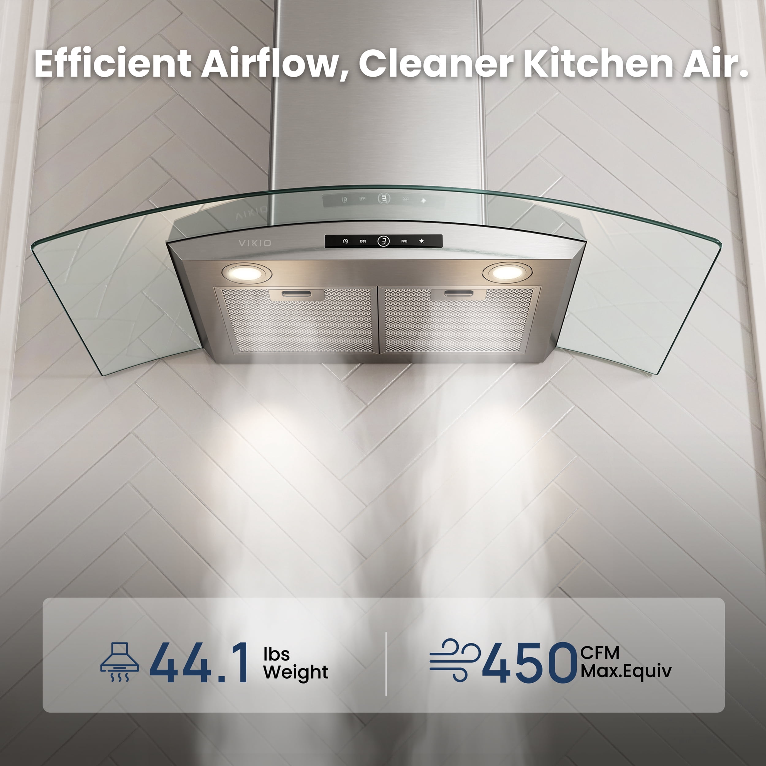 VIKIO 36 in. Wall Mount Range Hood in Stainless Steel and Curved Glass with 3-Speed Fan, Convertible Ducted and Ductless Installation, Touch Control, LED Lights and Carbon Filters Included